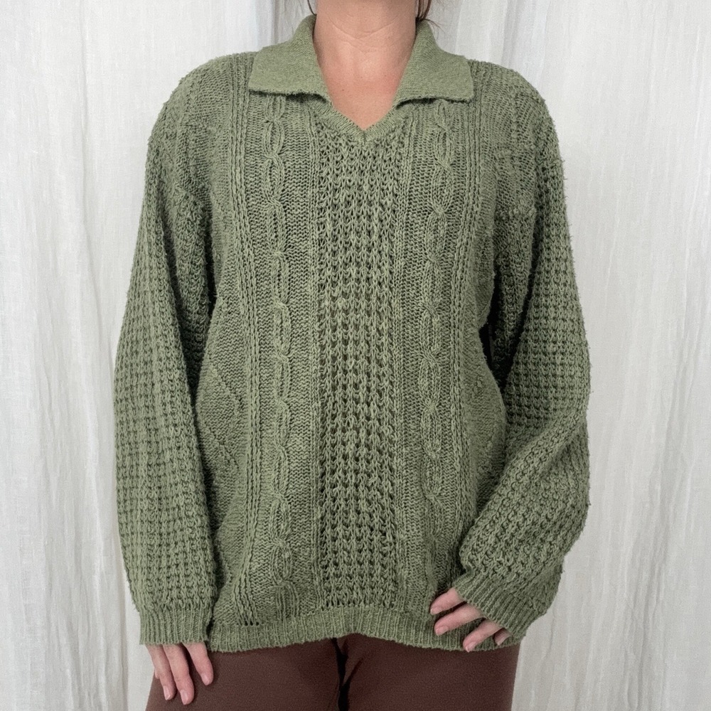 Vintage 90s Cable Knit Pullover Sweater L Grandpa Cottage Boho Granola Ireland